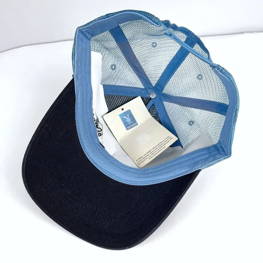 NWT Vintage Y2K Playboy Bunny Blue Trucker Hat Cap Headwear New With Tags